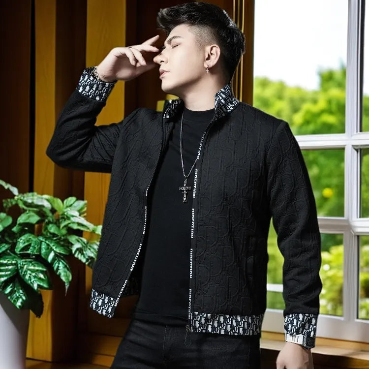 娜罗普西潮牌提花拼接立领外套男士秋冬季新款时尚修身夹克上衣潮