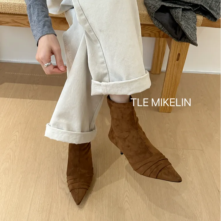 SXD-8180-32秋冬法式复古尖头褶皱短靴细跟百搭显瘦后拉链瘦瘦靴