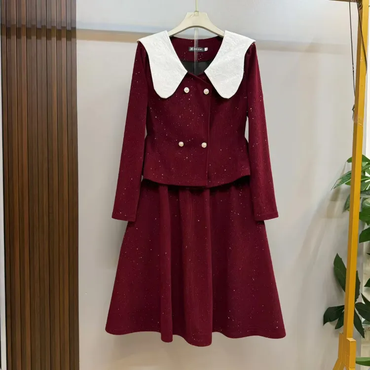 秋冬大码新款时尚洋气ins娃娃领温柔甜美风上衣十半身裙两件套