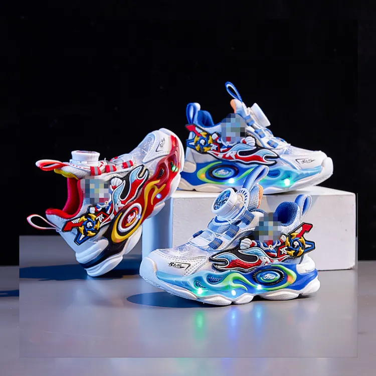 2025秋冬新款男童鞋子带灯旋转纽扣防滑轻底跑步鞋儿童运动鞋