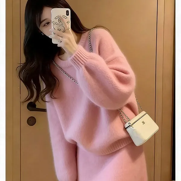温柔甜美风粉色毛绒毛衣女长袖软糯百搭针织大码女装套装针织衫
