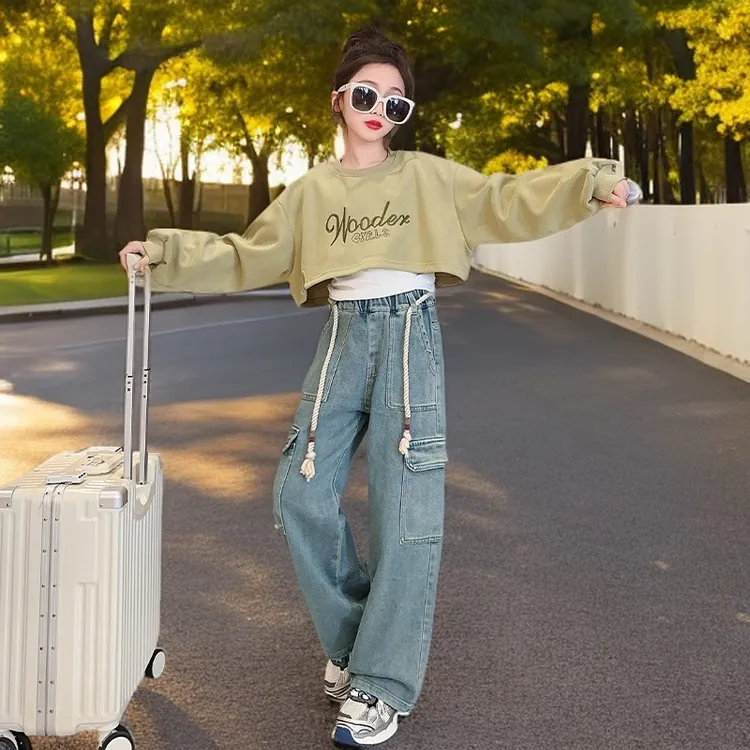 D女童卫衣套装春秋2025新款春季洋气大童工装裤时髦秋装儿童6-12