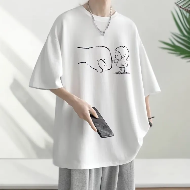 新款夏季创意涂鸦t恤男潮流宽松简约短袖上衣港风嘻哈半袖体恤潮