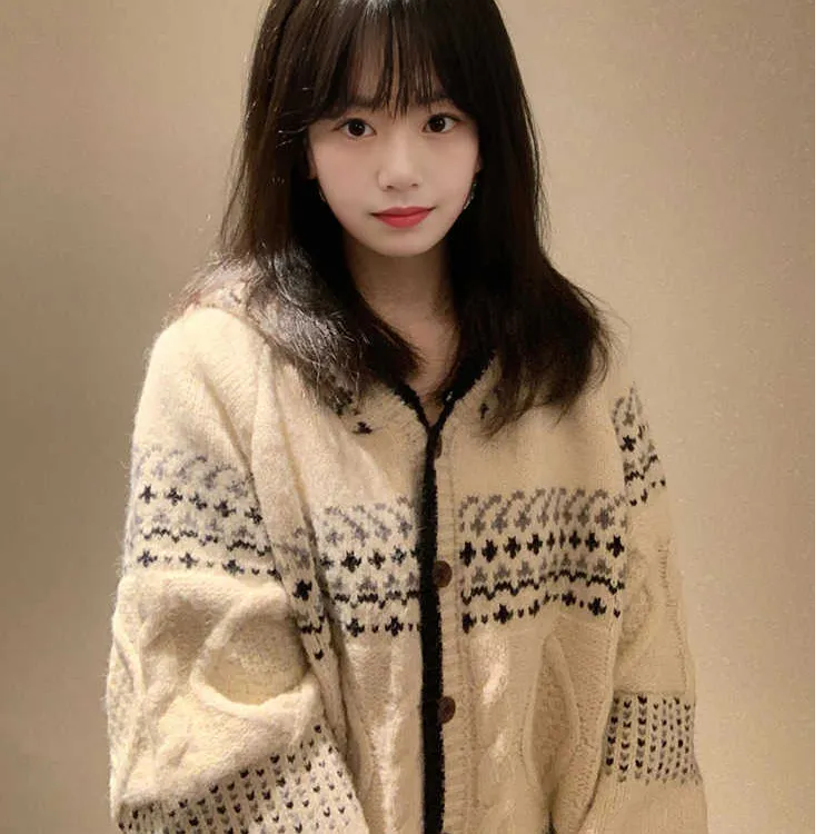 复古费尔岛~软糯古着感麻花针织毛衣外套女秋冬宽松百搭连帽开衫
