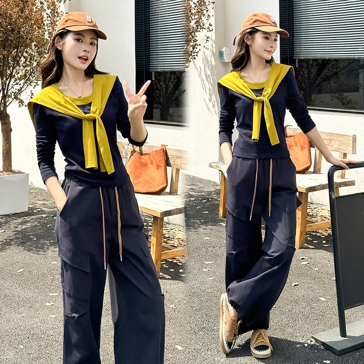 2025早秋新款宽松休闲套装长袖打底衫披肩遮肉工装裤三件套25035 