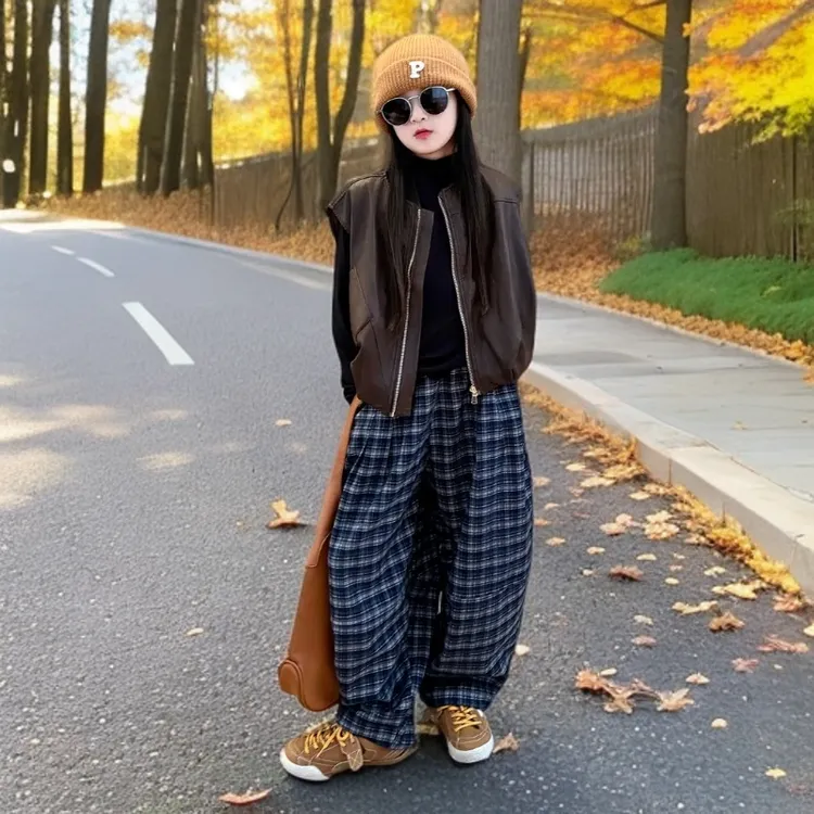 D女童2025新款韩版中大童皮马格子阔腿裤韩范夹克春秋款套装潮酷