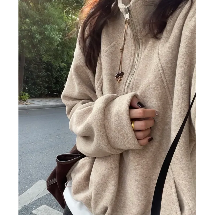 2025秋冬新款毛巾绒感立领卫衣女百搭宽松半拉链慵懒下摆抽绳上衣