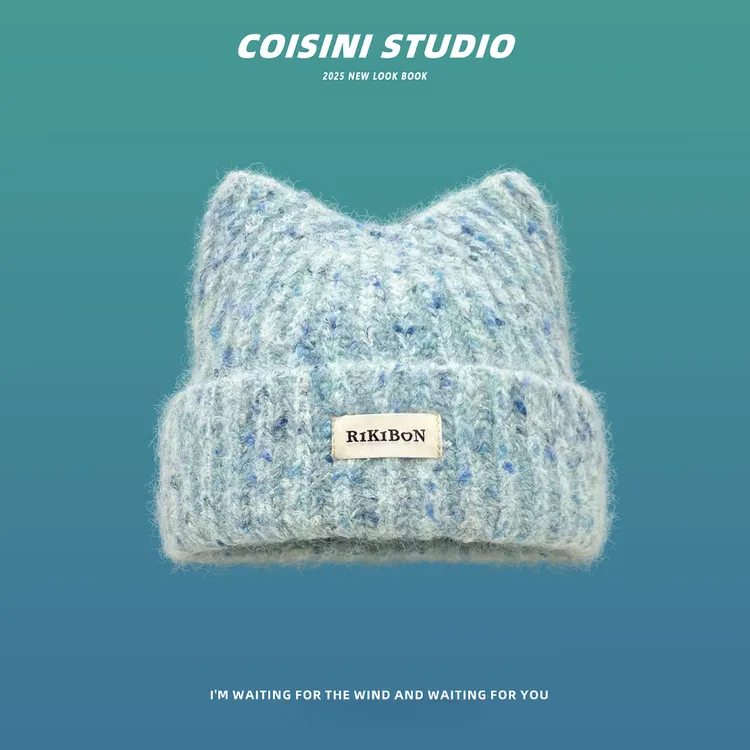 2025新款日系小清新混色猫耳朵毛线帽子女秋冬季保暖百搭针织帽潮