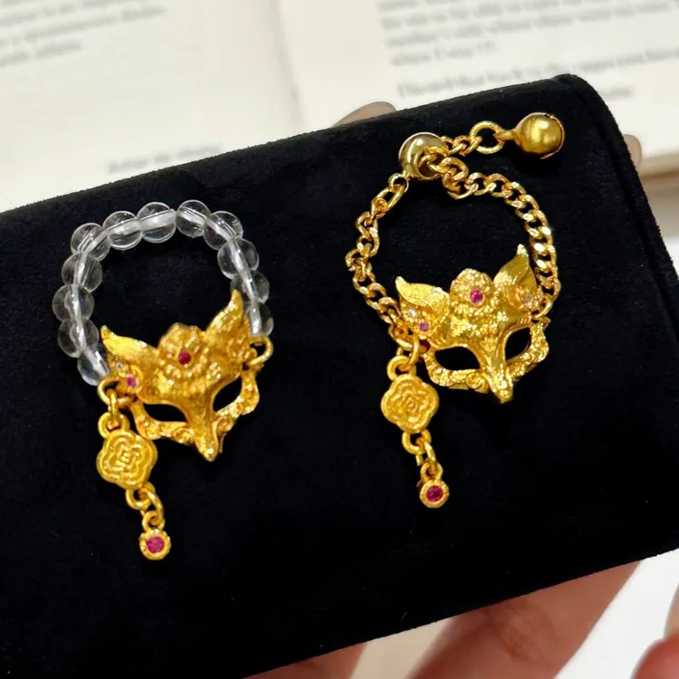 铜合金锆石戒指 狐狸面具戒指精工錾刻假面狐狸·狐面复古宫廷戒指