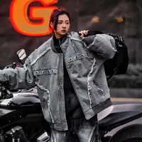 设计国潮污渍手工刷色连帽棉服泥染涂黑廓形夹棉牛仔外套夹克