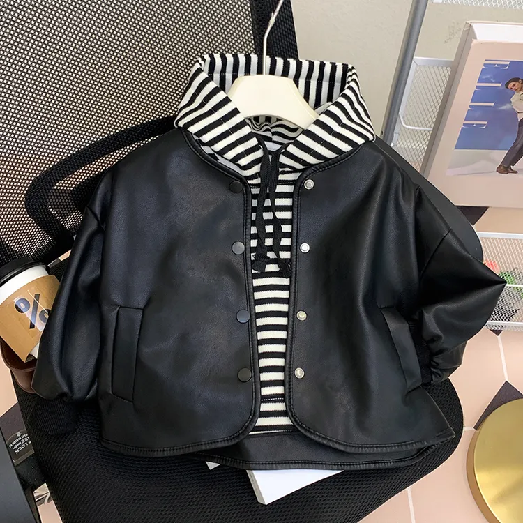 款女童皮衣外套套装春秋款2025新款儿童秋装洋气男宝宝卫衣