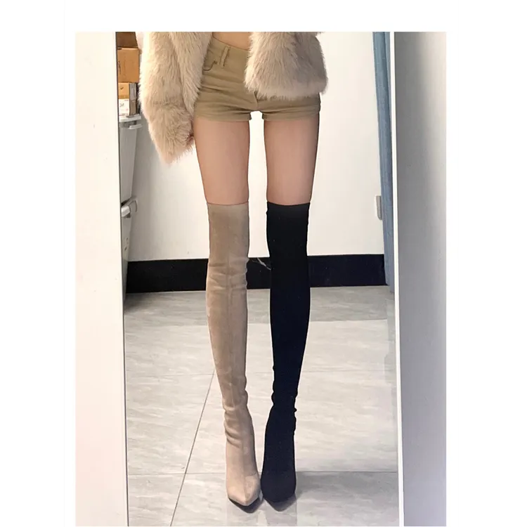 高跟长筒靴女2025年新款瘦瘦靴粗跟过膝长靴显瘦小个子高筒弹力靴