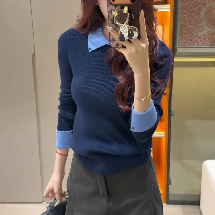 假两件拼接设计感Polo衫针织衫女秋冬新款休闲气质显瘦软糯上衣