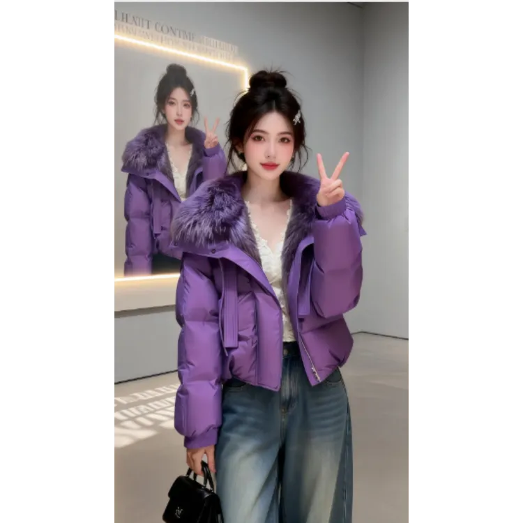 【现货】2026年新款韩系减龄加厚外套高级感超好看紫色大毛领棉服女