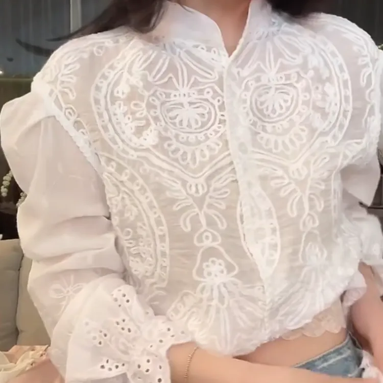 设计感法式浪漫重工刺绣泡泡袖衬衣女2025新款春季蕾丝长袖衬衫