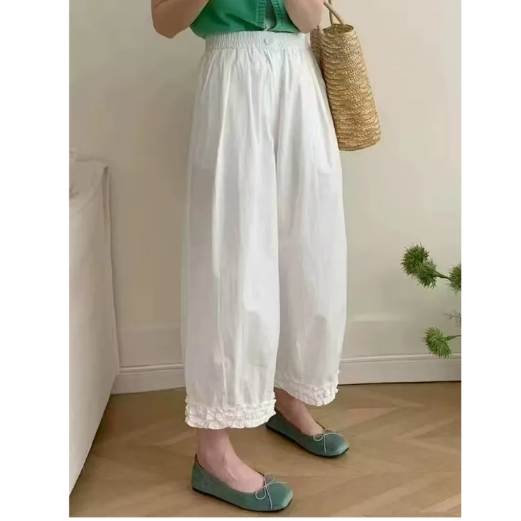 2531木耳边白色阔腿裤女夏2025新款百搭高腰休闲直筒九分裤