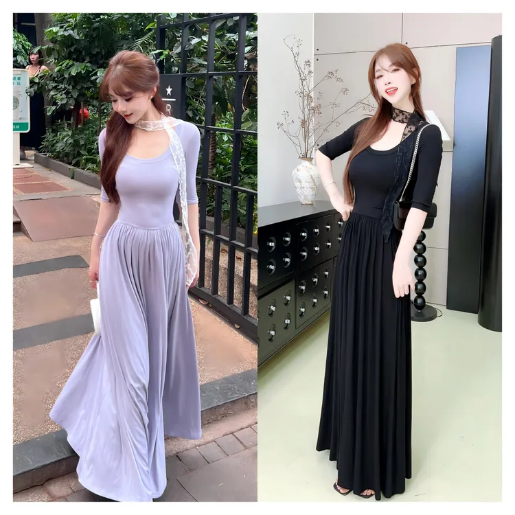 「不觉春枝」芭蕾风连衣裙U领中袖显瘦风琴百褶长裙➕蕾丝丝带#8609