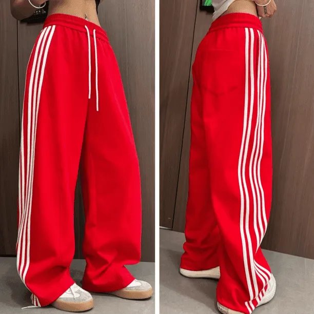 夏季休闲运动裤红色宽松高腰显瘦直筒大码条纹拖地裤宽松阔腿长裤