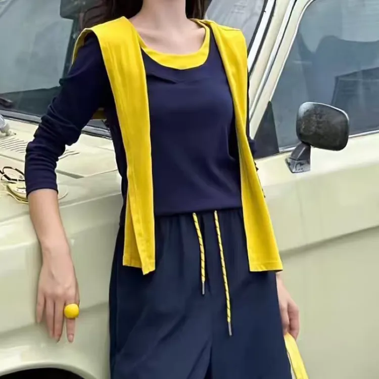 韩系休闲带披肩撞色长袖T恤女2025秋季宽松显瘦JY950