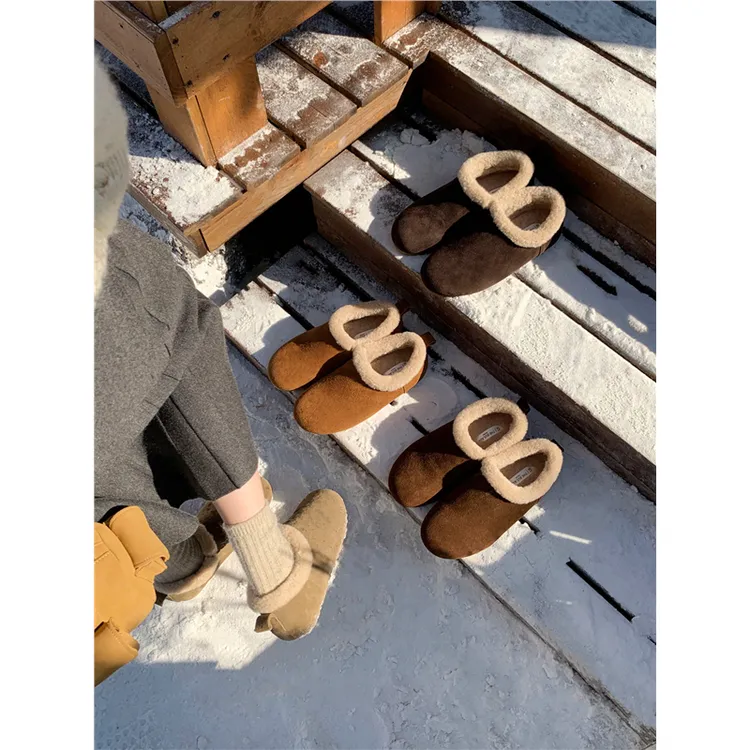 牛皮版 森系东北小土豆加绒平底勃肯鞋女软底毛毛鞋豆豆鞋棉鞋