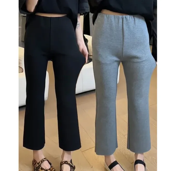 夏新款直筒黑色九分裤微喇高腰松紧腰显瘦时尚弹力休闲裤百搭外穿