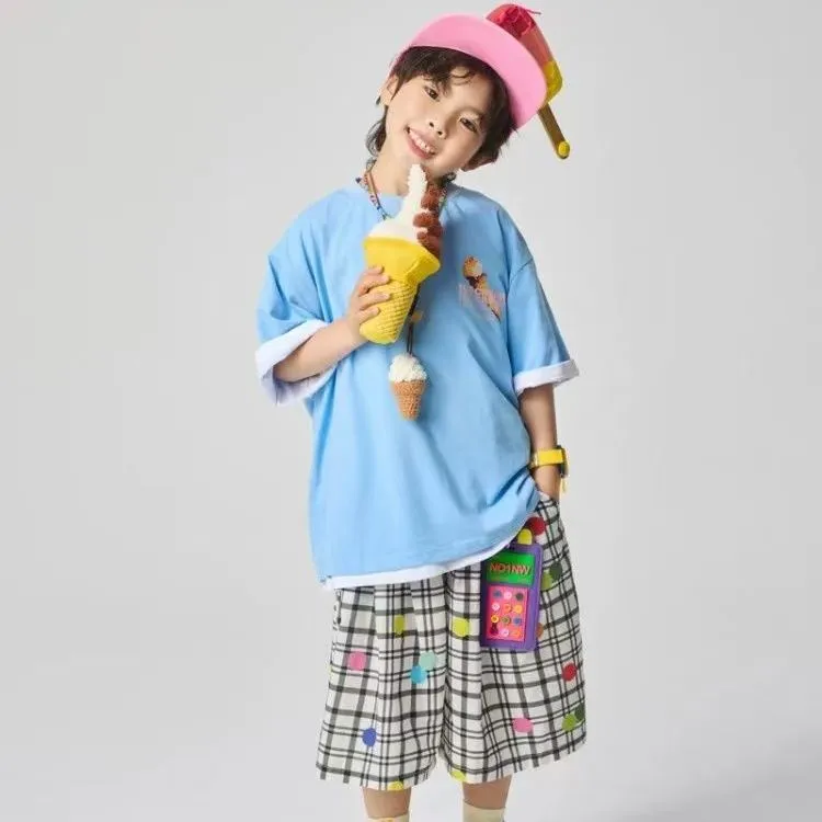 夏季男女中大童套装冰淇淋个性印花T恤格子休闲沙滩短裤两件套潮