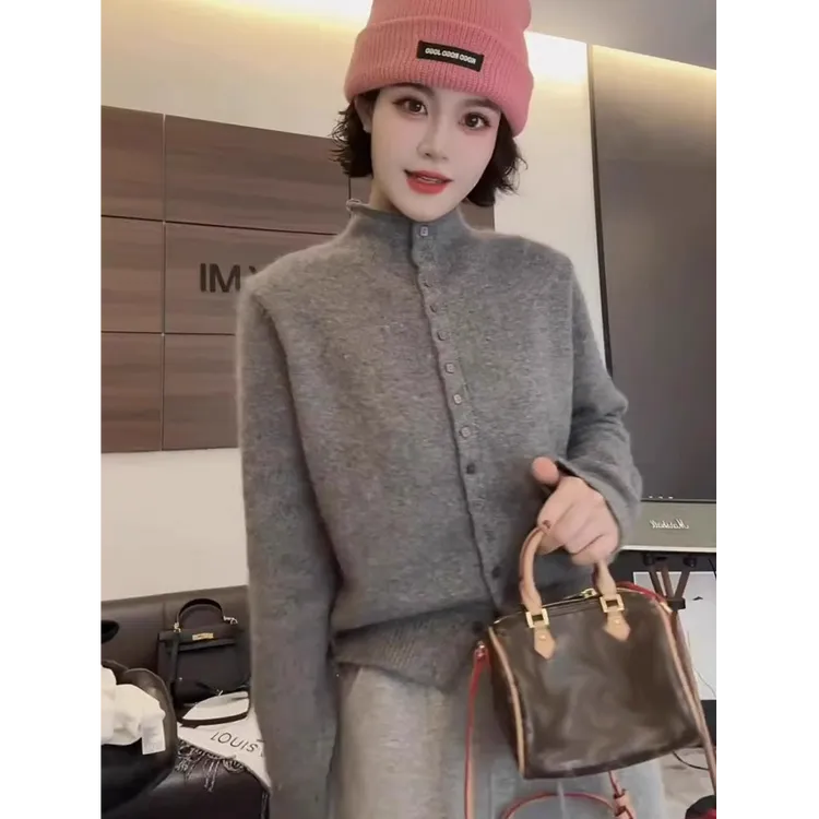 时尚洋气半高领灰色多扣针织开衫女春秋季软糯毛衣外套打底衫上衣