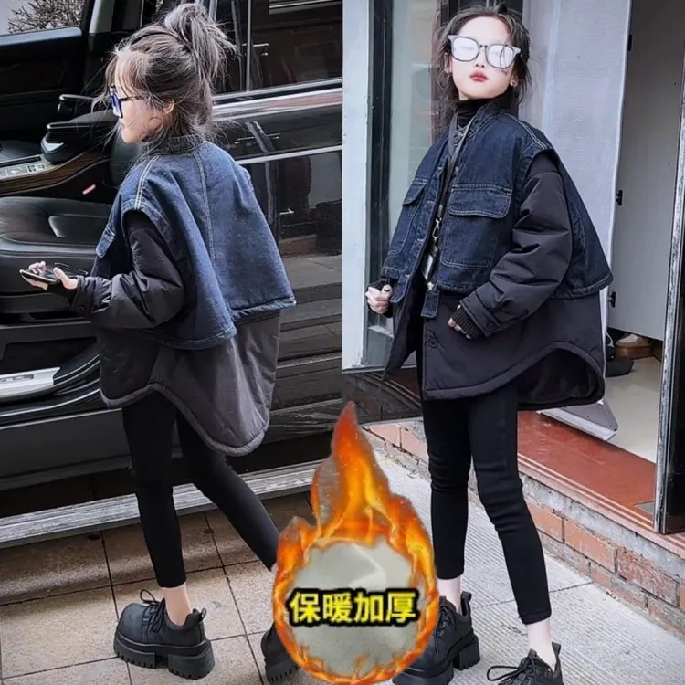 牛仔拼接假两件棉衣外套女童2025秋冬新款宽松大版显瘦中长款棉服