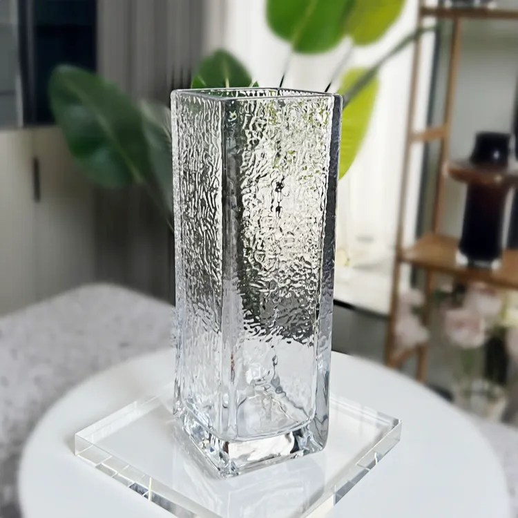 方形简约创意轻奢水波纹玻璃花瓶客厅插花水养鲜花干花摆件花器