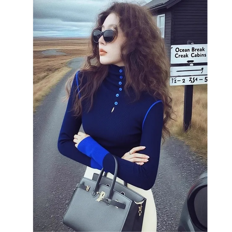 秋冬时髦感巨好看气质上衣韩系独特漂亮高级感蓝色高领针织打底衫