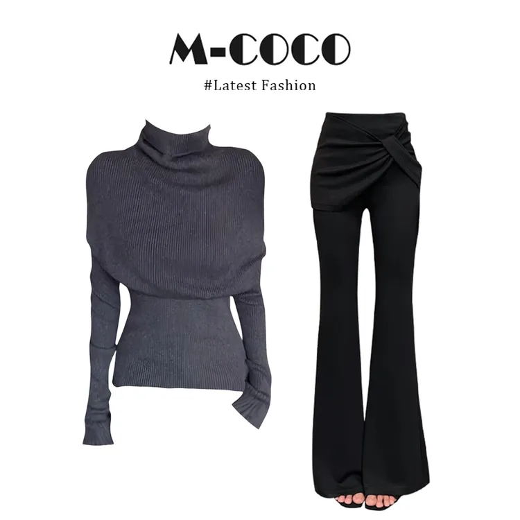 法式时尚气质高领披肩针织衫冬季新款喇叭裤显瘦两件套