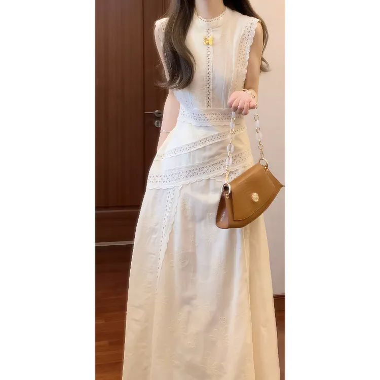 【云纱梦】夏日绝美法式蕾丝镂空连衣裙无袖收腰气质长裙9670