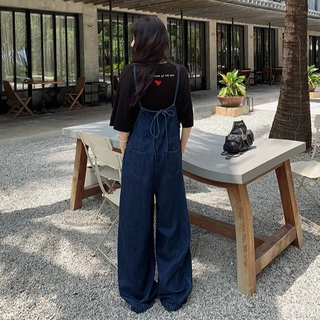 哈尼HONEY日系牛仔背带裤女春秋宽松细肩带抽绳炸街拖地阔腿裤潮