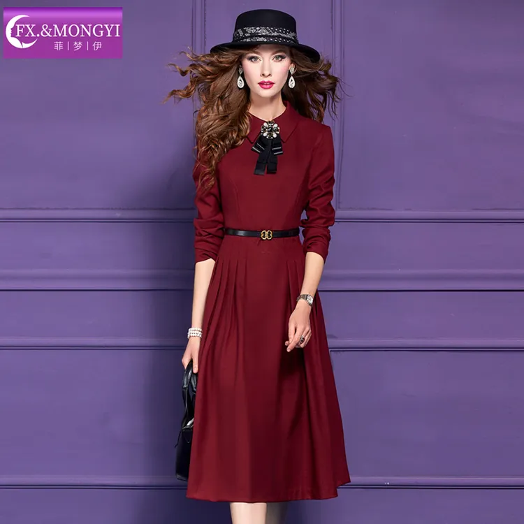菲梦伊红色衬衫连衣裙女冬季新款复古本命年收腰中长款A字裙68946