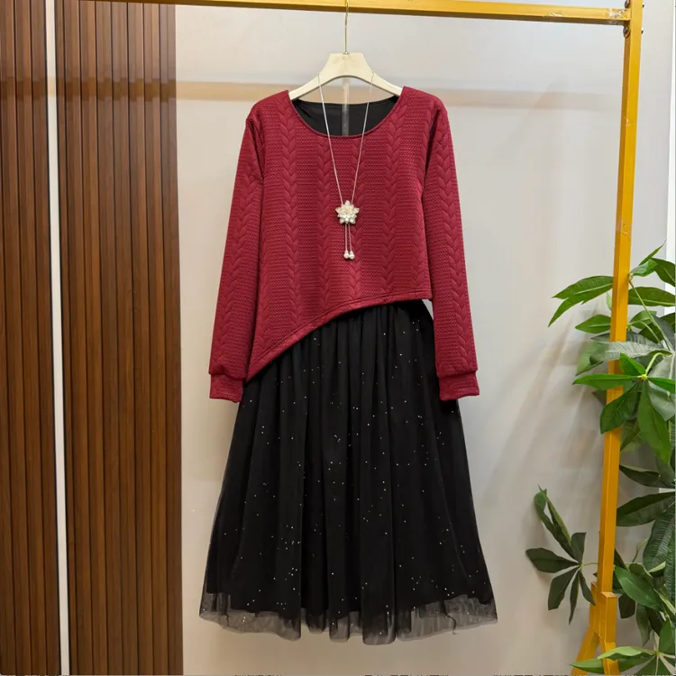 微胖新款气质纯欲风肌理感不规则上衣拼接网纱下摆假两件连衣裙