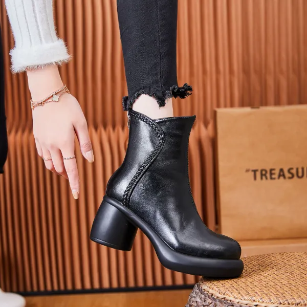 【珀爵鸟专柜版】7CM马丁靴女休闲粗跟高跟极简风防水台高跟短靴女