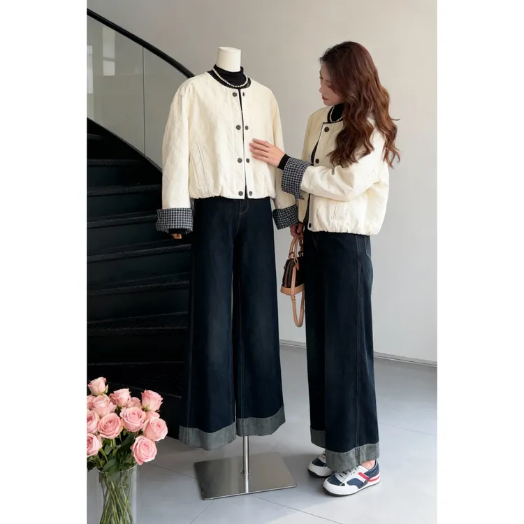 入冬穿搭一整套女装2025新款短款拼接圆领棉服外套牛仔裤两件套潮