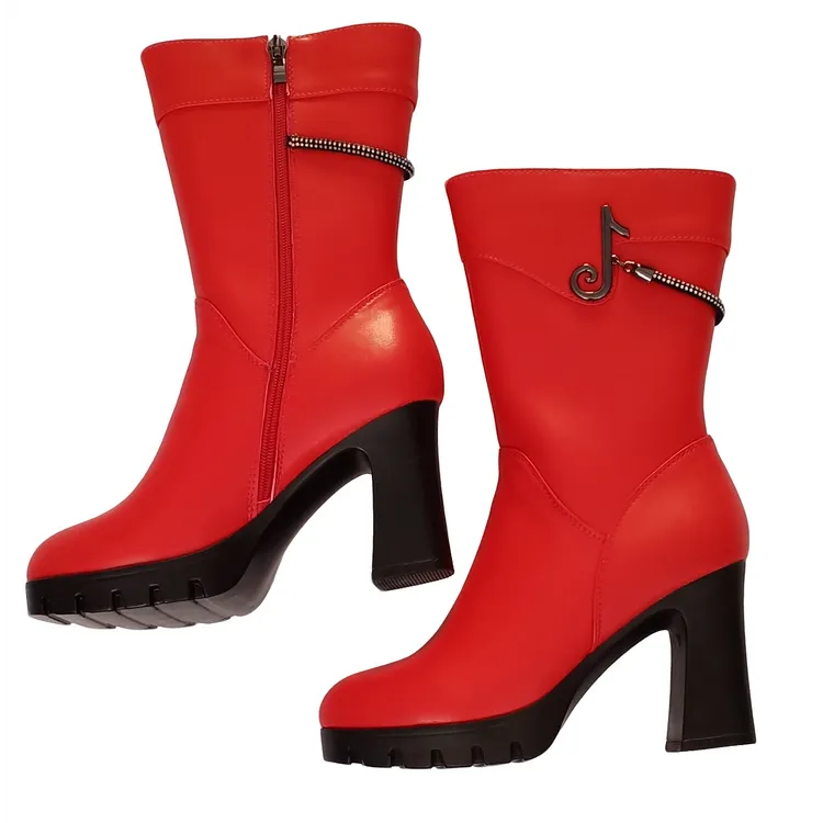 2803 真皮中筒女靴秋冬时尚百搭粗跟秋冬红色厚底女士长靴