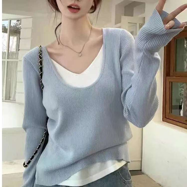 假两件蓝色v领长袖慵懒针织衫女春秋季款内搭打底衫毛衣针织上衣