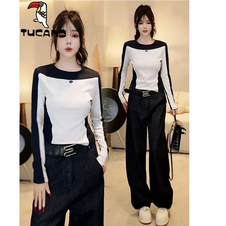 啄木鸟美式复古撞色秋季别致小众高级感修身拼接长袖上衣打底衫女