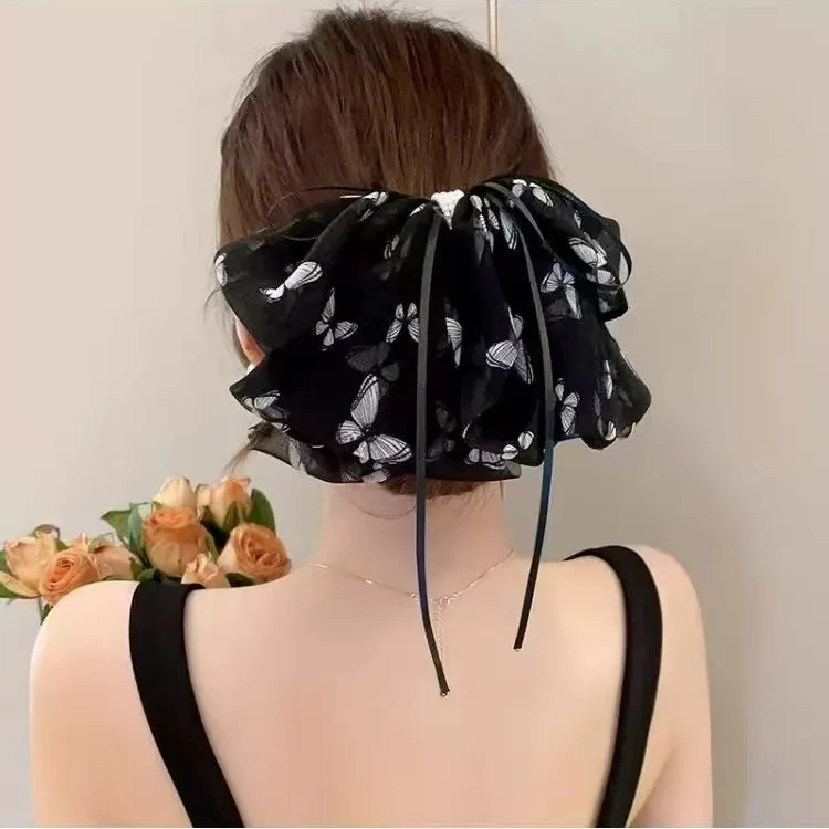 新中式水墨蝴蝶纹抓夹2025新款蝴蝶结盘发抓后脑勺气质鲨鱼夹头饰