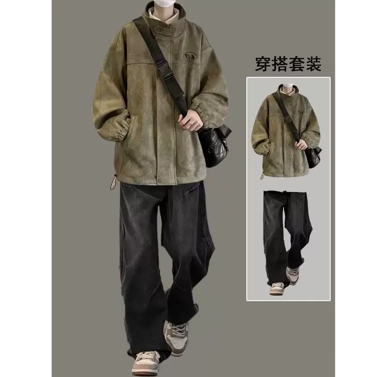 男生秋冬穿搭个性 cleanfit 小众高级感高知感外套牛仔裤套装160
