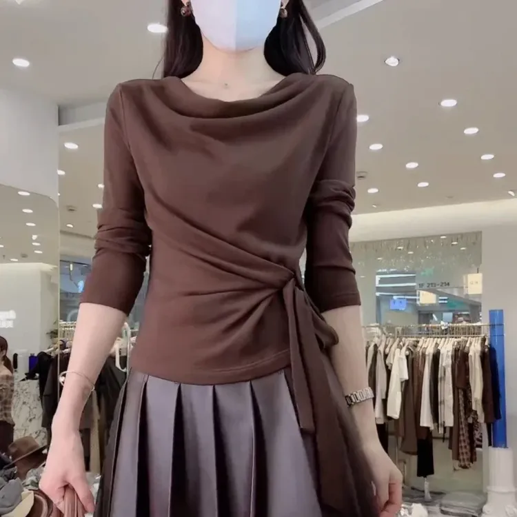 2025年早秋时尚洋气新款简约纯色修身系带百搭显瘦长袖