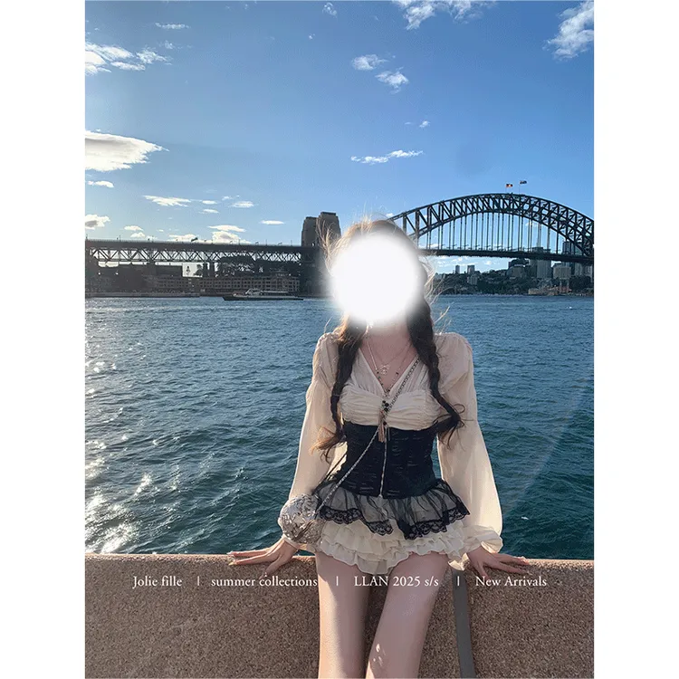 【拜占庭】懒款性感辣妹气质长袖V领上衣+半裙+腰封2025秋季套装女