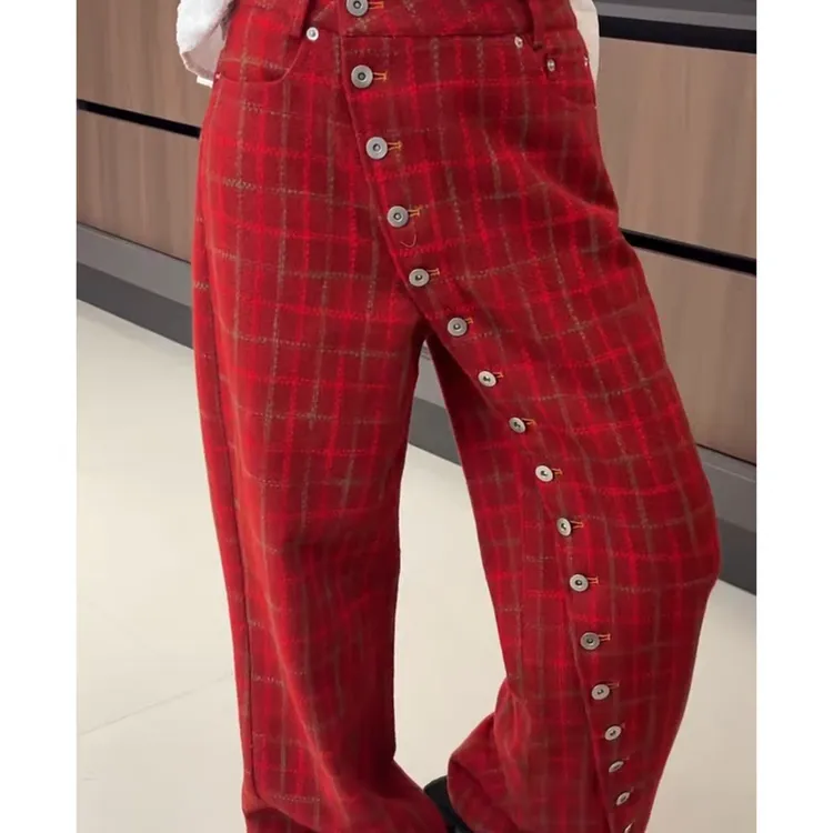 8851新年红色格纹毛呢阔腿裤直筒冬季高腰长裤显瘦百搭加厚休闲裤