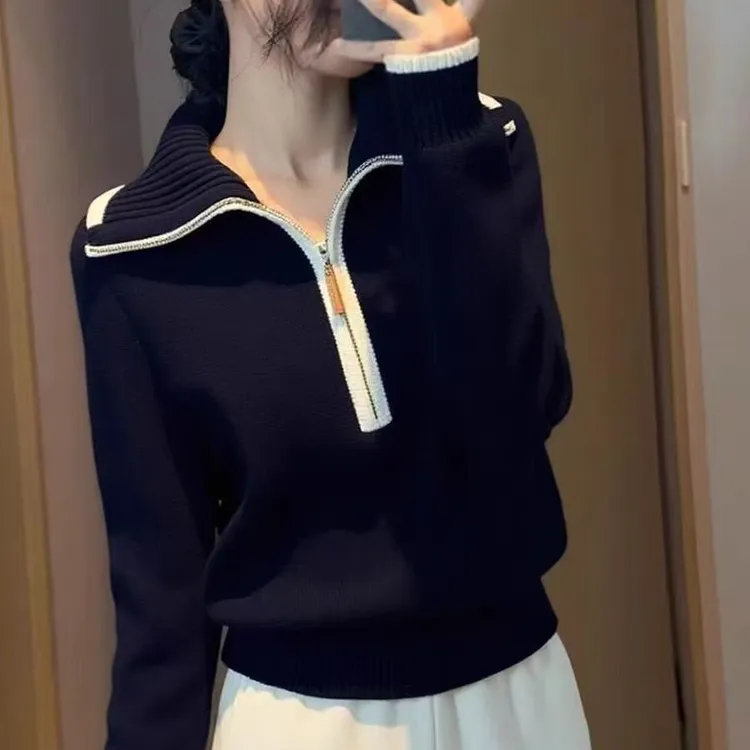 高级感时尚针织衫休闲长袖保暖百搭休闲打底衫秋冬季翻领百搭上衣