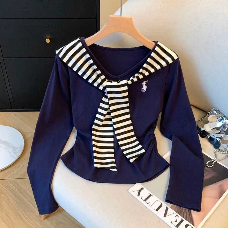 学院风海军领条纹披肩长袖T恤女秋绝美漂亮上衣巨好看打底衫内搭