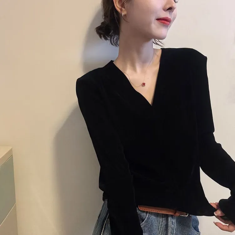 气质V领长袖t恤女金丝绒春秋冬新款休闲黑色显瘦内搭打底小衫上衣