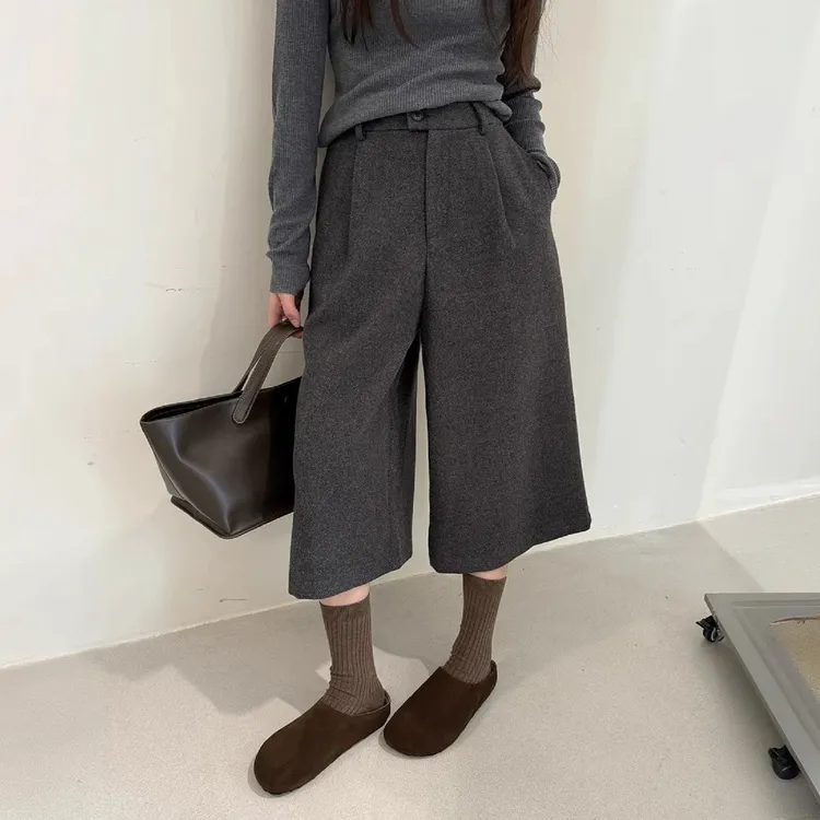 大码黑色毛呢阔腿八分裤女秋冬新款胖mm高腰宽松显瘦直筒休闲裤子