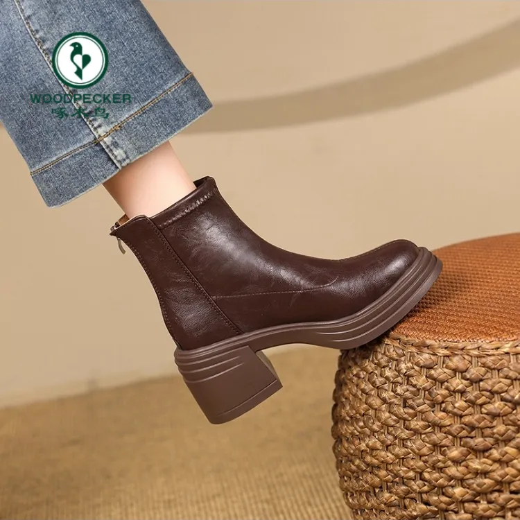 啄木鸟复古厚底增高2025秋冬新款马丁靴后拉链粗跟瘦瘦靴加绒短靴